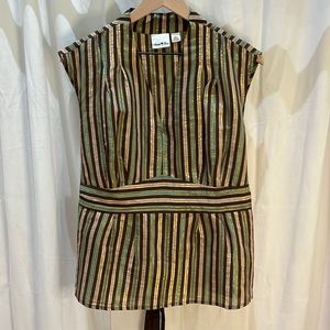 Andre Bini Green & Gold Metallic Striped V-Neck Sleeveless Top Size XL